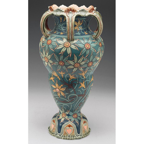 Mettlach vase, large six-handled shape, elaborate : Mettlach vase, large six-handled shape, elaborate incised and painted floral designs, marked, #2416, initial H, 8"w x 16.5"h