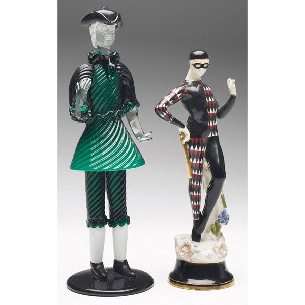 Venini figurine, designed by Fulvio Bianconi, man : Venini figurine, designed by Fulvio Bianconi, man in a green and black costume, c. 1950, acid stamped "Venini, Murano-ITALIA," 11"h; with a Royal Worcester figurine, mime in a leotard and mask, marked