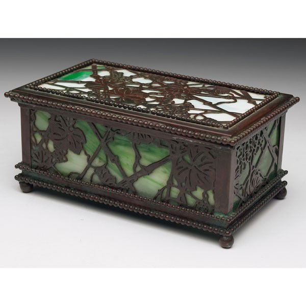 Tiffany Studios box, bronze in the grapevine patte: Tiffany Studios box, bronze in the grapevine pattern, green, blue and white glass, good original patina, signed Tiffany Studios, New York, wood-lined, 4"w x 6.75"l x 3"h