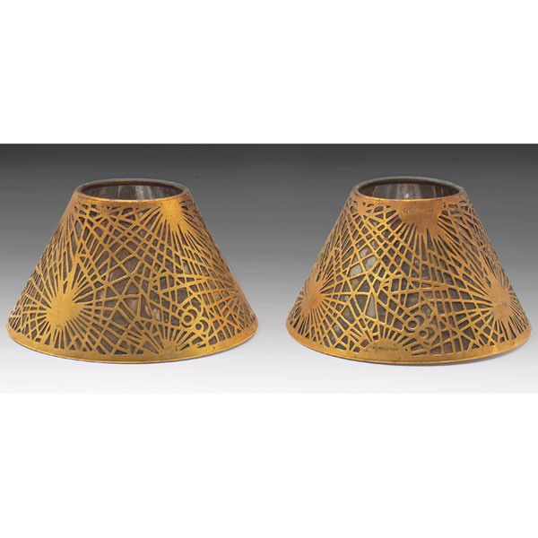 Tiffany Studios shades, pair, bronze in the Pine N: Tiffany Studios shades, pair, bronze in the Pine Needle pattern, original patina, signed Tiffany Studios, 5.25"w x 3"h