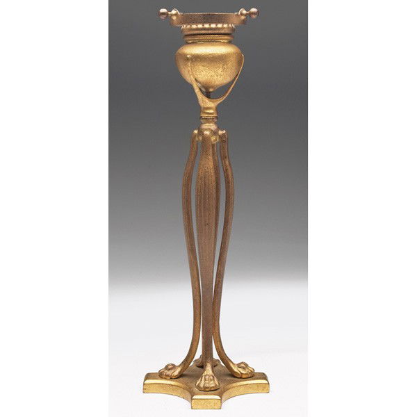 Tiffany Studios lamp base, bronze with an original: Tiffany Studios lamp base, bronze with an original gold dore patina, four-legged shaft with claw-feet, signed Tiffany Studios, New York, #1201, 4"w x 13"h