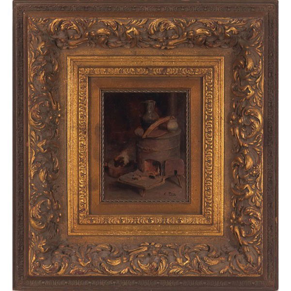 Cecilio Pla y Gallardo (Spanish, 1860-1934) "Wood: Cecilio Pla y Gallardo (Spanish, 1860-1934) "Wood Stove," c. 1900, oil on board, 9" x 7", signed lower right, framed