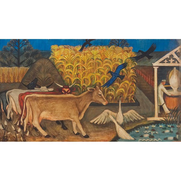 Charles Winstanley Thwaites (American, 1904-2002) : Charles Winstanley Thwaites (American, 1904-2002) "Mural Study for Wausau, Wisconsin Post Office," c. 1938, tempera on board, 24" x 42", unsigned, artist name typed on period label for submission, unf