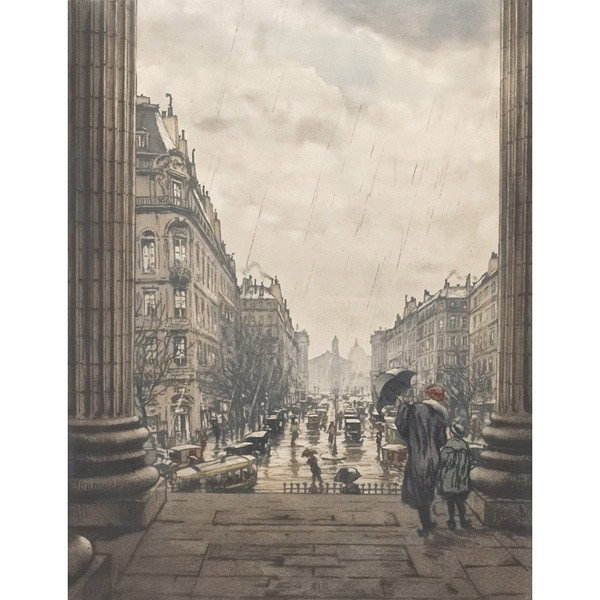 T. Frantisek Simon (Czech, 1877-1942) "Rue Royale : T. Frantisek Simon (Czech, 1877-1942) "Rue Royale in the Rain," c. 1925, color softground and aquatint, 13.25" x 10.5", pencil signed, edition of 240, unframed