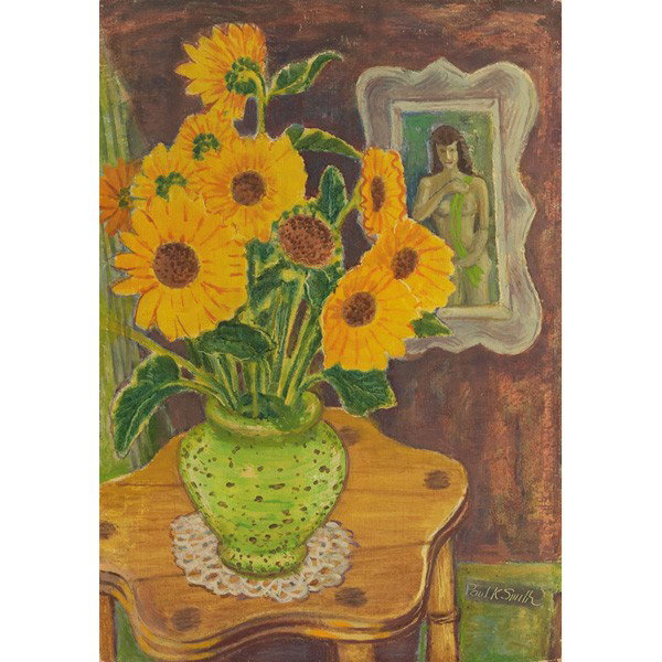 Paul Kauvar Smith (American, 1893-1979) "Still Lif: Paul Kauvar Smith (American, 1893-1979) "Still Life with Wild Sunflowers," c. 1940, oil on board, 20" x 14", signed lower right, titled on verso, unframed