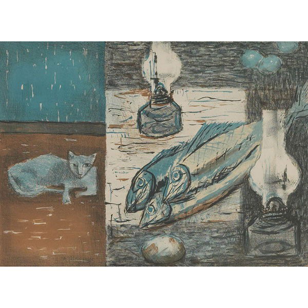 Max Kahn (American, b. 1903) "The Blue Cat," 1948: Max Kahn (American, b. 1903) "The Blue Cat," 1948 and "Girl with Orange," 1943, two color lithographs, (one shown), larger: 13" x 17.5", both pencil signed, titled, dated and numbered, editions of 25