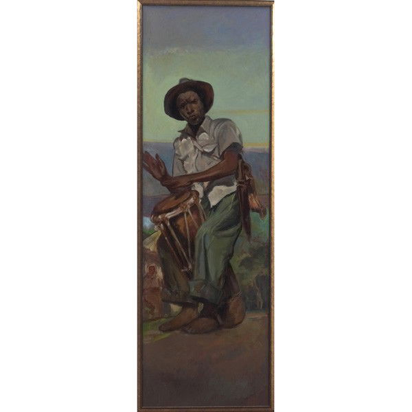 William Edouard Scott (African-American, 1884-1964: William Edouard Scott (African-American, 1884-1964) "Haitian Drum Player," c. 1945, oil on wood panel, 72" x 24", unsigned, from the estate of the artist, framed