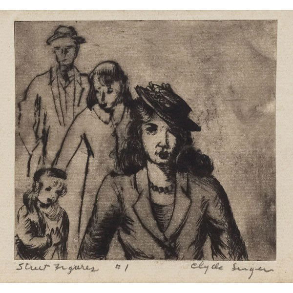 Clyde Singer (American, 1908-1998) "Street Figures: Clyde Singer (American, 1908-1998) "Street Figures," "Doughboy" and "After the Bath," c. 1945, group of three etchings, (one shown), largest: 6.5" x 3.5", pencil signed and titled, unframed