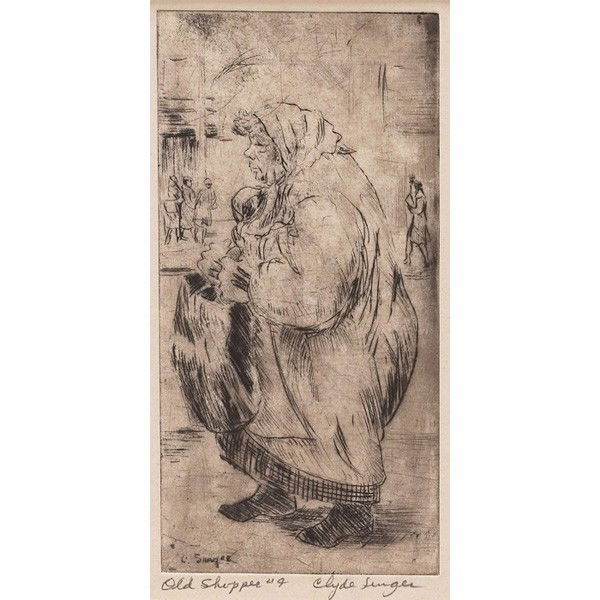 Clyde Singer (American, 1908-1998) "Old Shopper,": Clyde Singer (American, 1908-1998) "Old Shopper," "Habitues" and "Head," c. 1945, group of three etchings, largest: 6" x 3", pencil signed and titled, unframed