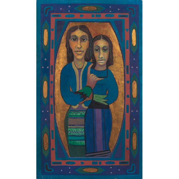 Mario de Ferrante (Italian/American, 1898-1992), ": Mario de Ferrante (Italian/American, 1898-1992), "Blue Figures," c.1960, oil and gold leaf/particle board, signed, 40" x 23.5"