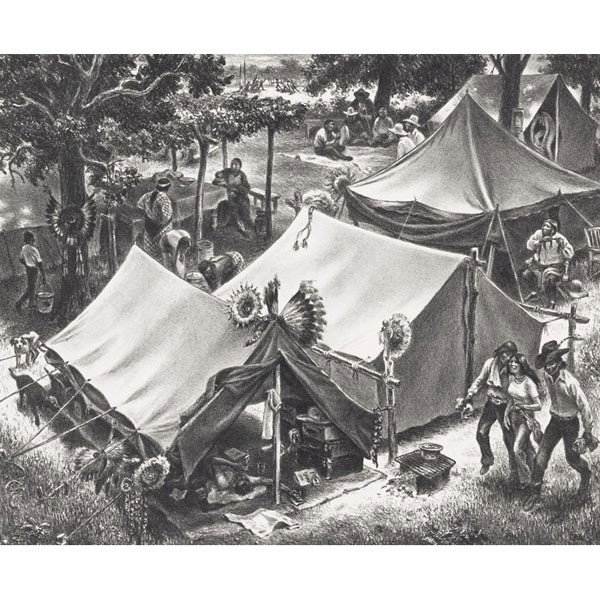 Charles Banks Wilson (American, b. 1918) "Pow Wow : Charles Banks Wilson (American, b. 1918) "Pow Wow Afternoon," 1981, lithograph, 13.25" x 16.5", pencil signed, titled and numbered, edition of 150, unframed