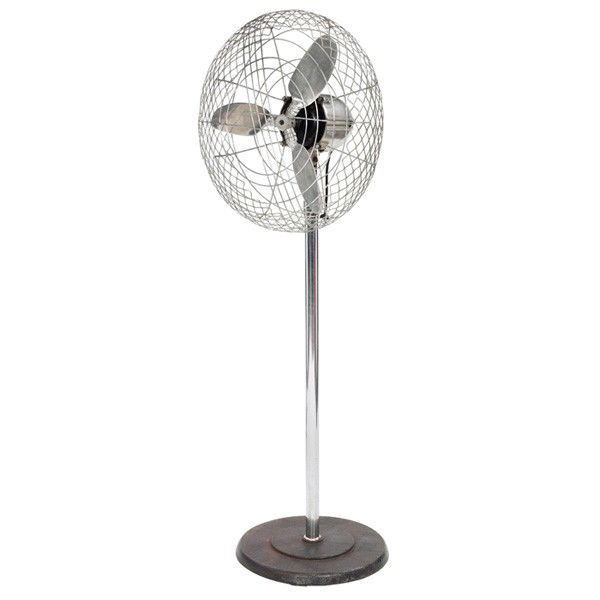 Machine Age floor fan, probably by Air Castle, cas: Machine Age floor fan, probably by Air Castle, cast aluminum blade and housing with Machine Age styling, aluminum wire cage, weighted black enameled steel base, 27"dia x 74"h, unsigned, in good workin