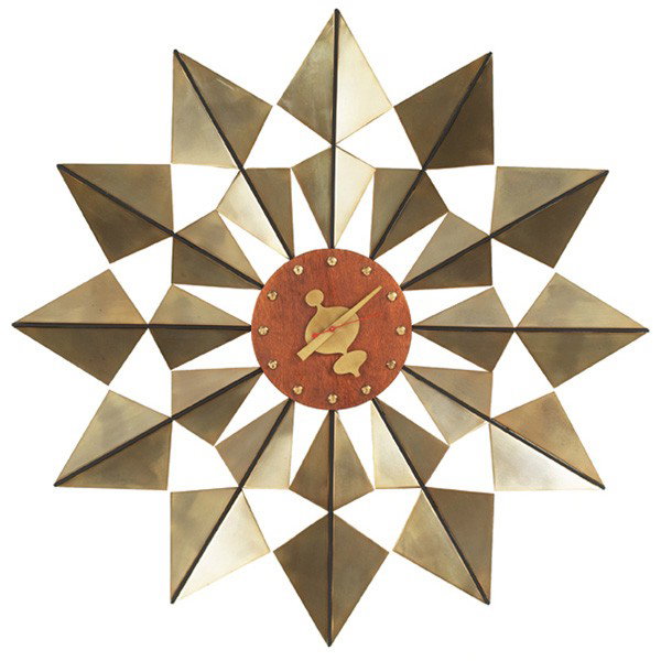 George Nelson and Associates Flock of Butterflies : George Nelson and Associates Flock of Butterflies clock, by Howard Miller, c.1955, model 2226, unusual brass version, walnut center, original brass hands and hour markers, red second hand, signed with