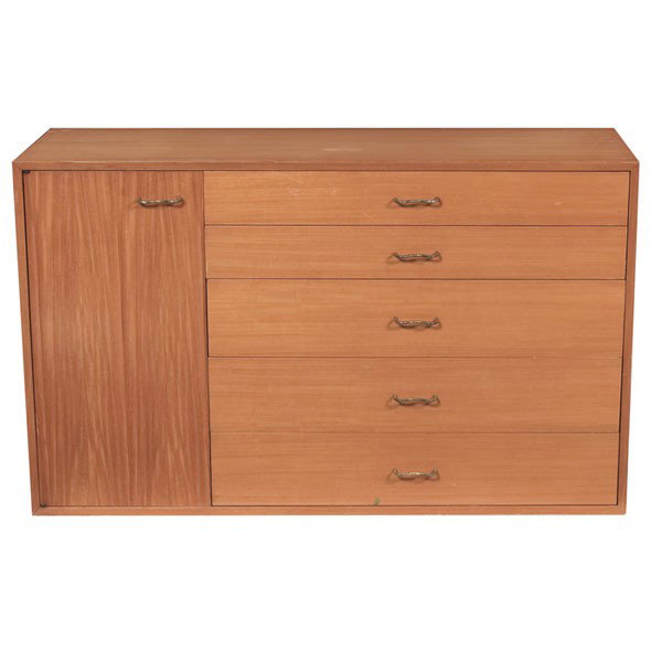 George Nelson cabinet, by Herman Miller, 1950s, pr: George Nelson cabinet, by Herman Miller, 1950s, primavera case with one door and five drawers with original metal pulls, signed with early foil label, low plinth base not shown, original finish, 56.25