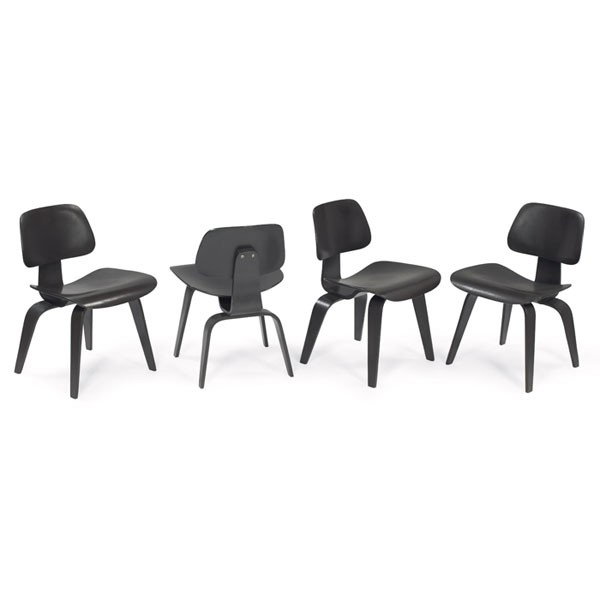 Charles and Ray Eames DCWs, four, by Herman Miller: Charles and Ray Eames DCWs, four, by Herman Miller, 1950s, ebonized molded ash plywood, original oval shock mounts to backs, refinished, 19"w x 21"d x 29"h, very good condition