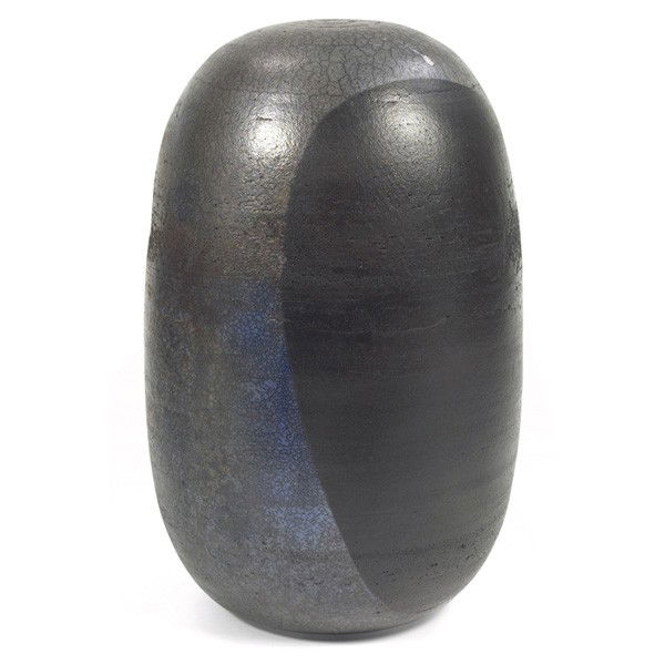 Jun Kaneko style sculpture, ceramic, metallic glaz: Jun Kaneko style sculpture, ceramic, metallic glaze with handpainted geometric decorations, two views shown, stamped chop mark of an R and a backwards R in a square, 10"dia x 16.5"h, small chip to top