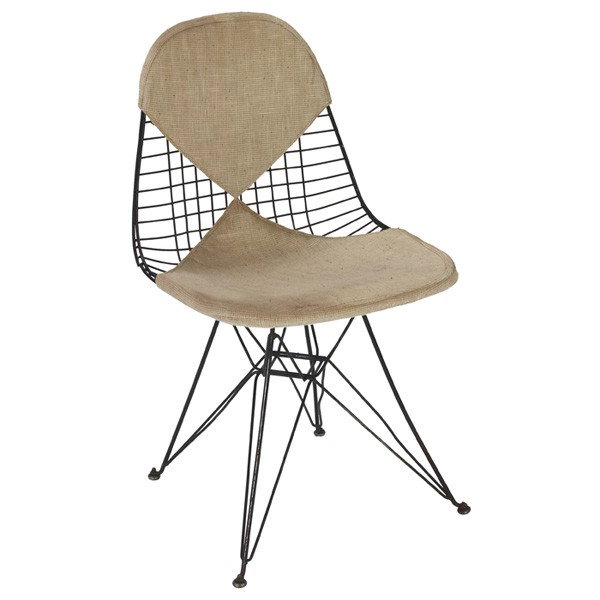 Charles and Ray Eames DKR chair, by Herman Miller,: Charles and Ray Eames DKR chair, by Herman Miller, black wire seat over black rod Eiffel tower base, early screw-on glides, original bikini upholstered pad, original finish, 19"w x 21"d x 33"h, very g