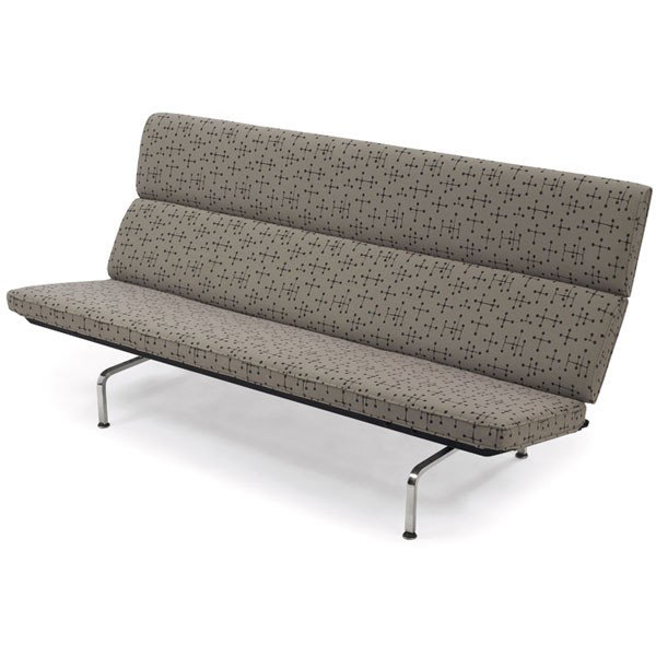Charles and Ray Eames Sofa Compact, by Herman Mill: Charles and Ray Eames Sofa Compact, by Herman Miller, 1960s, slab seat and folding back newly reupholstered in Ray Eames "Small Dot" fabric in taupe, black enameled and chromed steel frame, 72"w x 30"