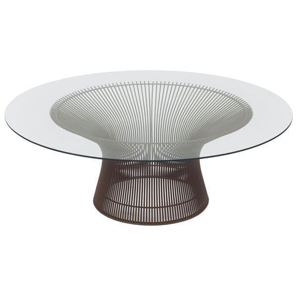 Warren Platner coffee table, by Knoll, wire base w: Warren Platner coffee table, by Knoll, wire base with factory bronze finish, replaced round glass top, 42"dia x 15"h, very good condition
