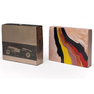 William Wyman vase, square shape in a metallic gla: William Wyman vase, square shape in a metallic glaze with automobile designs, signed, dated '69, 7.25"w x 6.25"h; with a William Wyman sculpture, block form with a colorful stylized design on two side