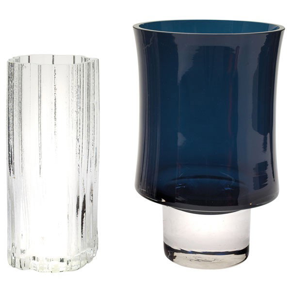 Tapio Wirkkala vase, footed form in blue and clear: Tapio Wirkkala vase, footed form in blue and clear glass, etched signature "Tapio Wirkkala 3589", 5.5"dia. x 8.25"h, with a Tapio Wirkkala vase, attribtion, clear glass, unsigned, 3.5"dia. x 7"h, blue