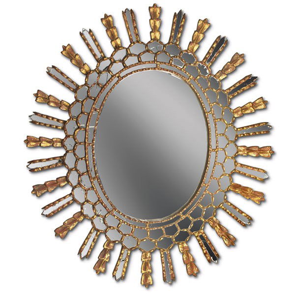 Art Deco mirror, large wooden form, gilt sun-burst: Art Deco mirror, large wooden form, gilt sun-burst design with mirrored segments throughout, 26" x 31"