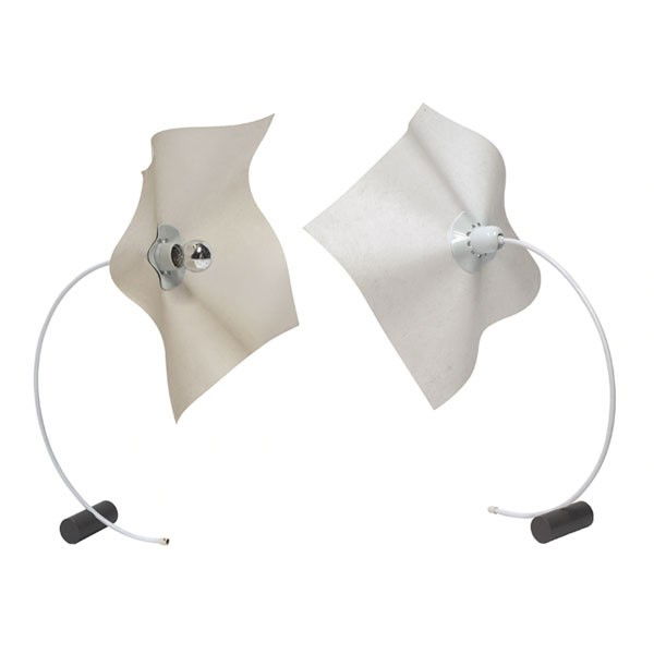 Mario Bellini Area 50 table lamps, by Artemide, pa: Mario Bellini Area 50 table lamps, by Artemide, pair, cantilevered form with curved support over a weighted base, adjustable fiberglass shade, 22"h, very good original condition