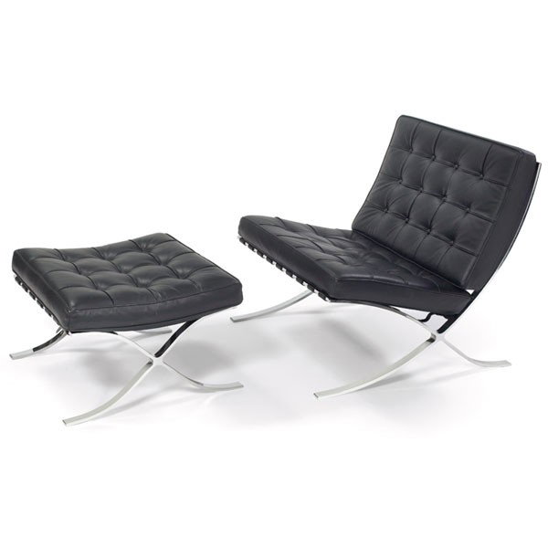Miles van der Rohe Barcelona chair and ottoman, by: Miles van der Rohe Barcelona chair and ottoman, by Funzionalismo, Italy, polished steel frames with original black leather cushions and straps, "Funzionalismo" tag on ottoman frame, chair: 30"w x 30"d