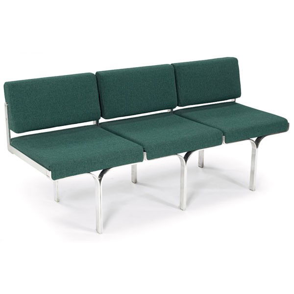 John Behringer Link sofa, by Fabry Associates, 196: John Behringer Link sofa, by Fabry Associates, 1969s, polished aluminum frame, unusual variation with backrest, original light green wool upholstery, 66"w x 22.5"d x 30"h, excellent original condition