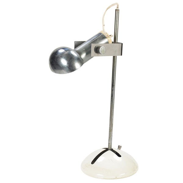Robert Sonneman Associates table lamp, white ename: Robert Sonneman Associates table lamp, white enameled metal base with slots for adjustment of stem, stem adjusts front-to-back and side-to-side, shade also adjusts, marked with Sonneman label, base ma