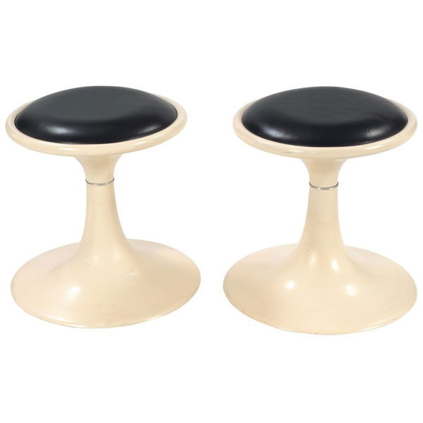 Jon Hall stools, pair, by Jondel Manufacturing Co.: Jon Hall stools, pair, by Jondel Manufacturing Co., Venice, CA, c.1964, fiberglass forms with original black vinyl upholstery to seats, each with label: John Hall Originals Furniture of Distinction Jo