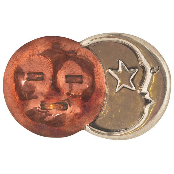 William Spratling Sun and Moon pin, Mexico, copper: William Spratling Sun and Moon pin, Mexico, copper and sterling, stamped "Spratling Made in Mexico" and "Spratling Silver", 3"w x 2"h, very good original condition