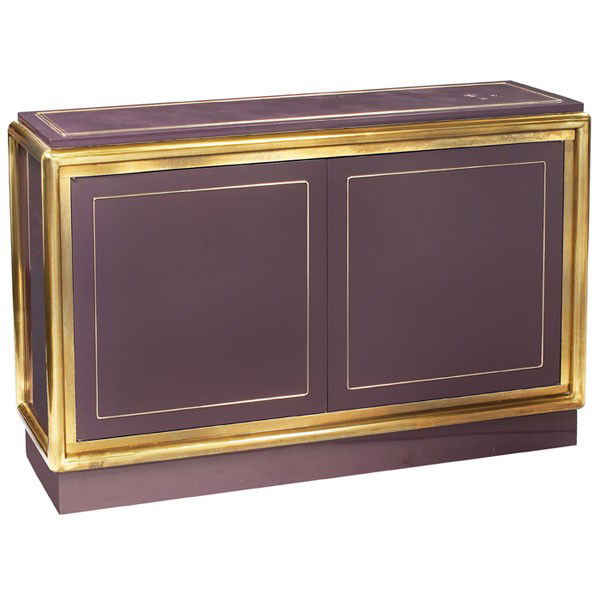 Mastercraft cabinet, USA, original dark purple lac: Mastercraft cabinet, USA, original dark purple lacquer over wood, brass trim to corners and edges, original purple leather panel to top, two spring-loaded doors, two shelves to interior, signed with M