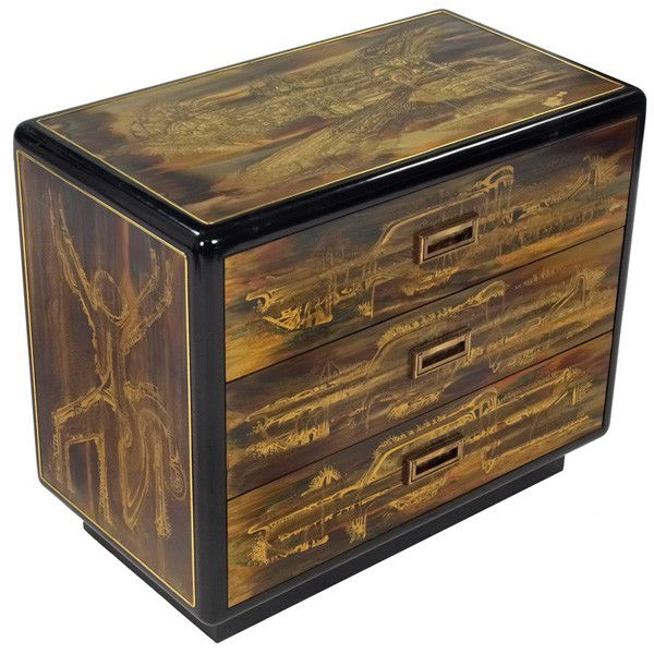 Bernhard Rhone for Mastercraft cabinet, small form: Bernhard Rhone for Mastercraft cabinet, small form with three drawers, acid-etched brass surface, platform base, 32"w x 18"d x 26.5"h, very good original condition