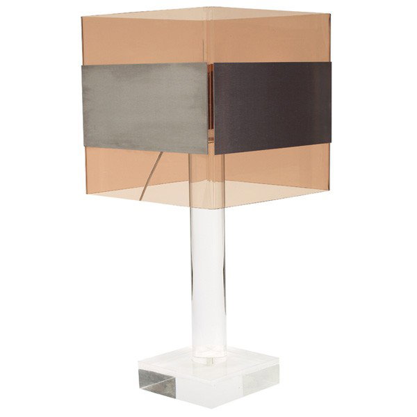 Willy Rizzo large table lamp, clear Lucite base an: Willy Rizzo large table lamp, clear Lucite base and column support a large tinted Lucite shade with brushed aluminum panels, uses four small bulbs, 15"w x 15"d x 31"h, excellent condition