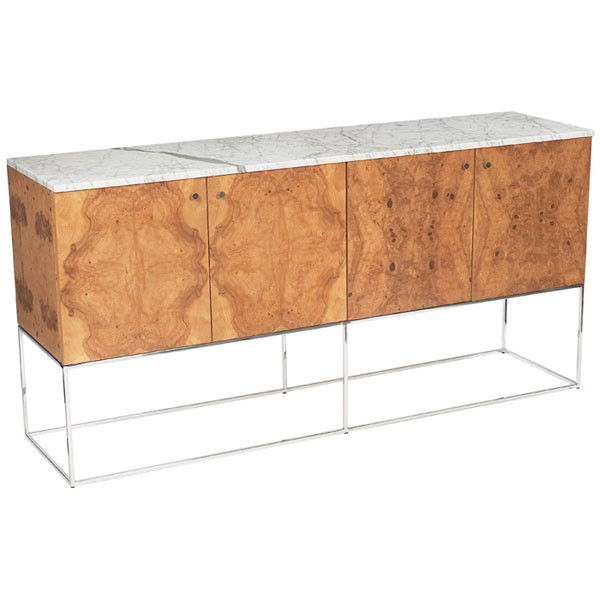 Milo Baughman cabinet, by Thayer Coggin, olive ash: Milo Baughman cabinet, by Thayer Coggin, olive ash burl wood case over a square tubular chrome frame, white marble top, four doors, two facing doors at left conceal two shelves, doors at right conceal