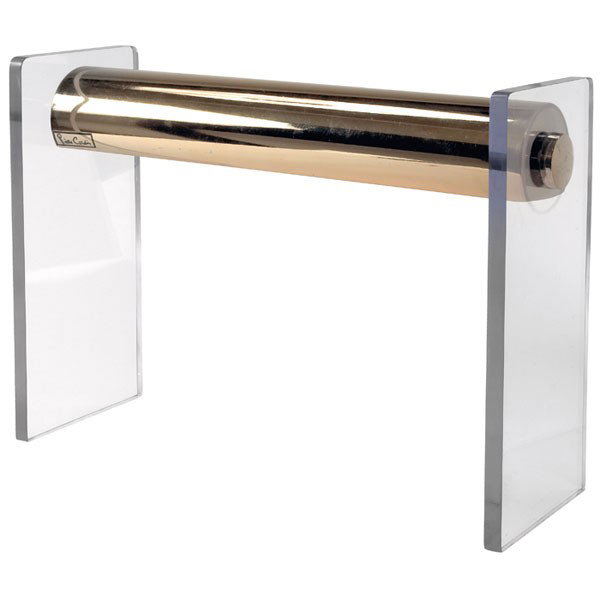 Pierre Cardin table lamp, Lucite slab sides with : Pierre Cardin table lamp, Lucite slab sides with tubular brass light source, signed with Pierre Cardin decal, 17"w x 5.5"d x 12"h, excellent original condition