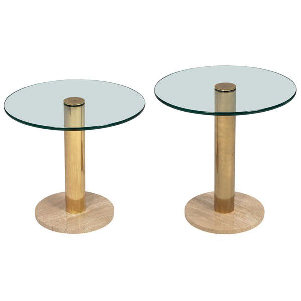 Fontana Arte occasional tables, two, round glass: Fontana Arte occasional tables, two, round glass tops supported by brass columns on round travertine marble bases, marble marked "made in Italy", 19.75"dia. x 17.75"h and 19.5"dia. x 20"h, no chips, v