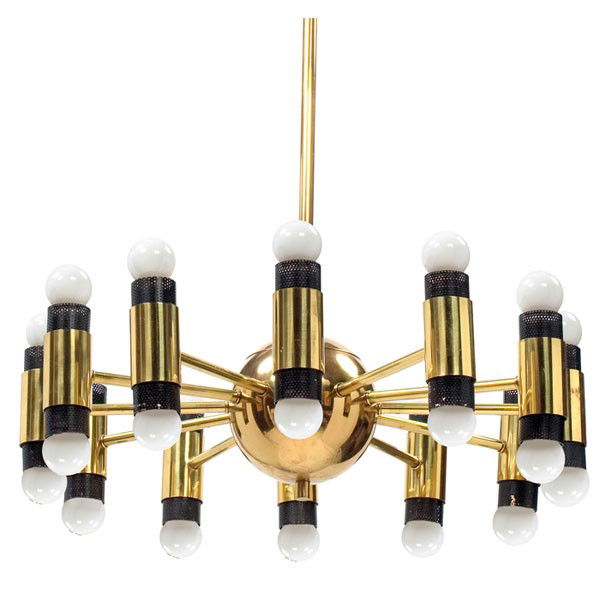 Lightolier hanging fixture, attribution, brass: Lightolier hanging fixture, attribution, brass, 12 radiating arms around a brass ball center, each arm holds two bulbs, unmarked, no ceiling cap, fixture: 25"dia. x 7.5"h, stem: 30"h, very good origin