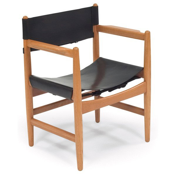 Borge Mogensen chair, by Fredericia Stolefabrik, : Borge Mogensen chair, by Fredericia Stolefabrik, oak frame, original black leather sling seat and back, original leather straps and buckles, faded manufacturer's tag, 24"w x 18"d x 30.5"h, refinished,