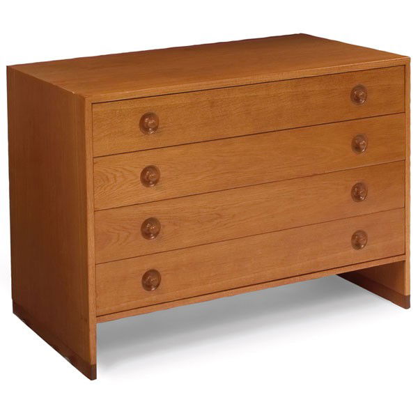 Hans Wegner cabinet, by Ry Mobler, oak, Denmark,: Hans Wegner cabinet, by Ry Mobler, oak, Denmark, four drawers with carved pulls, slab sides, stamped "Made in Denmark" on back, refinished, 39.5"w x 19.5"d x 28.5"h, very good condition