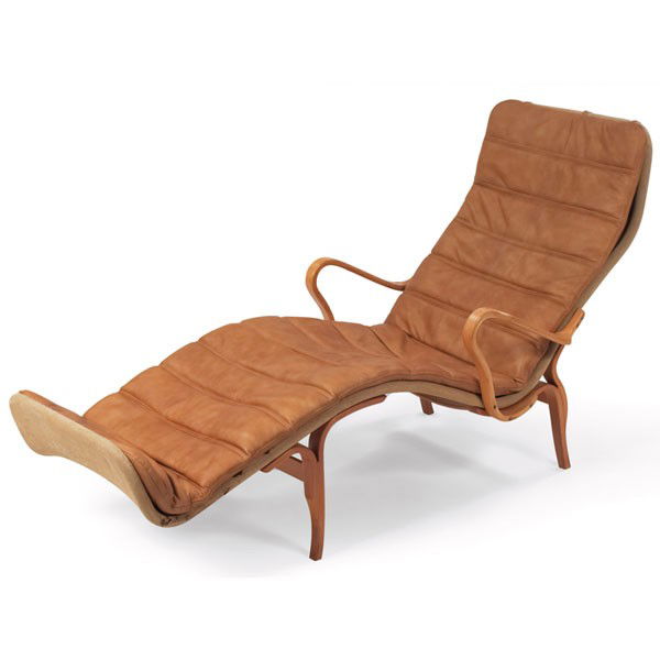 Bruno Mathsson chaise, by Dux, beech frame with o: Bruno Mathsson chaise, by Dux, beech frame with original canvas sling supporting the original tan leather seat cushion, original finish, branded mark "Bruno Mathsson for Dux," 29"w x 72"d x 36"h, very