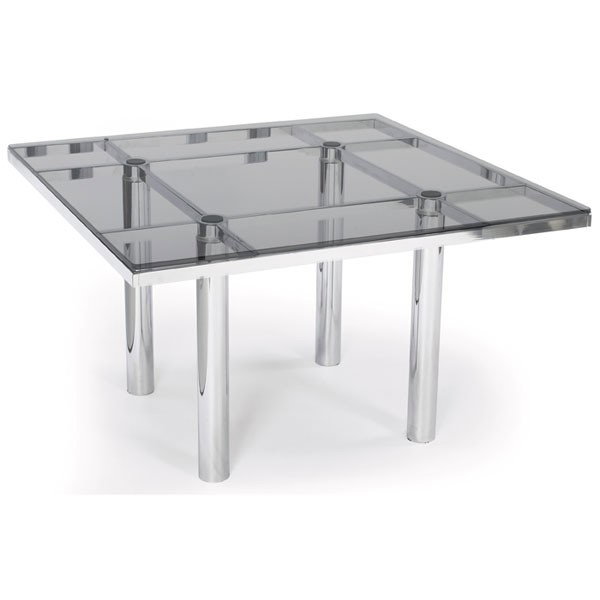 Afra and Tobia Scarpa Andre dining table, by Knol: Afra and Tobia Scarpa Andre dining table, by Knoll, square smoked glass top supported by cylindrical legs and steel crossbars, original metal rings and leather insulators under glass, 45"w x 45"d x 26