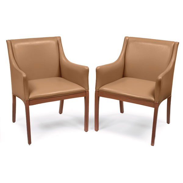 Ward Bennett armchairs, by Geiger/Brickel, 1990s,: Ward Bennett armchairs, by Geiger/Brickel, 1990s, tan leather upholstery, stained cherry legs, 24.5"w x 23.5"d x 33.5"h, Geiger/ Brickel labels, excellent original condition
