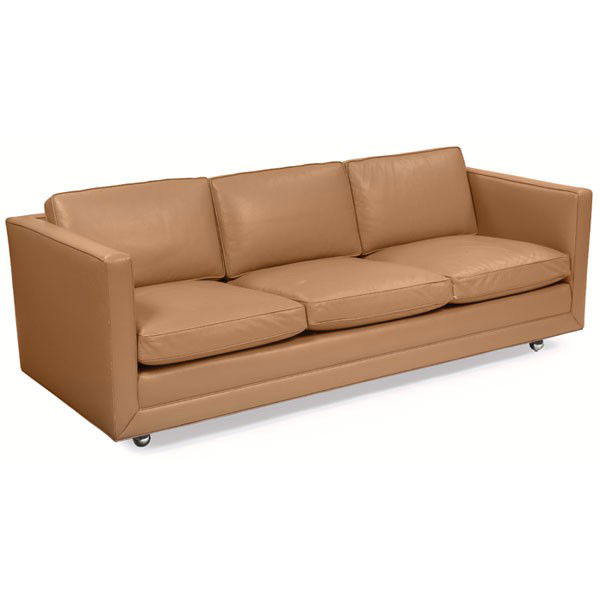 Ward Bennett Straight Line Series sofa, by Geiger: Ward Bennett Straight Line Series sofa, by Geiger/Brickel, 1990s, tan leather upholstery, down-filled cushions, 83"w x 34.5"d x 26"h, very good original condition