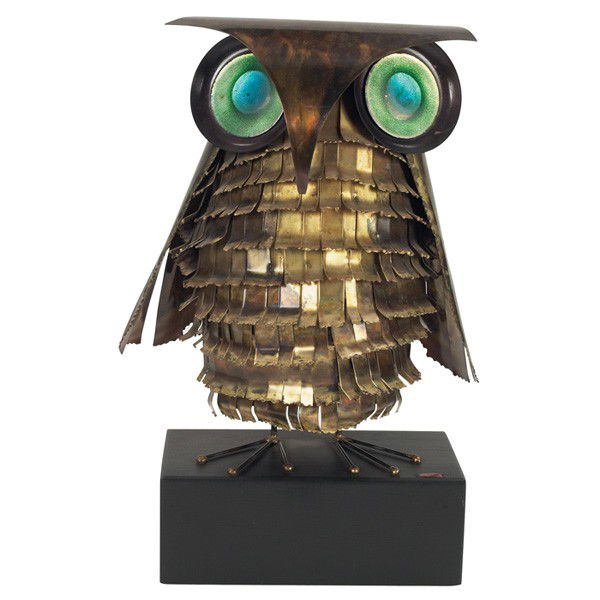Curtis Jere owl sculpture, 1971, brass form with: Curtis Jere owl sculpture, 1971, brass form with blue and green enameled eyes over a painted wood base, signed and dated on metal tag, 12"w x 15"h, excellent condition