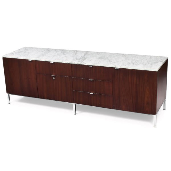 Florence Knoll cabinet, by Knoll, mahogany, origi: Florence Knoll cabinet, by Knoll, mahogany, original white Italian marble top, five drawers and two doors, two keys included, original finish, 76"w x 20.5"d x 25.5"h, very good original condition