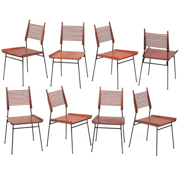 Paul McCobb Planner Group dining chairs, by Winch: Paul McCobb Planner Group dining chairs, by Winchendon, set of 8, solid maple seats with raised lip to sides, black wrought-iron frames with dowels to backrests, one with Planner Group label, some wit