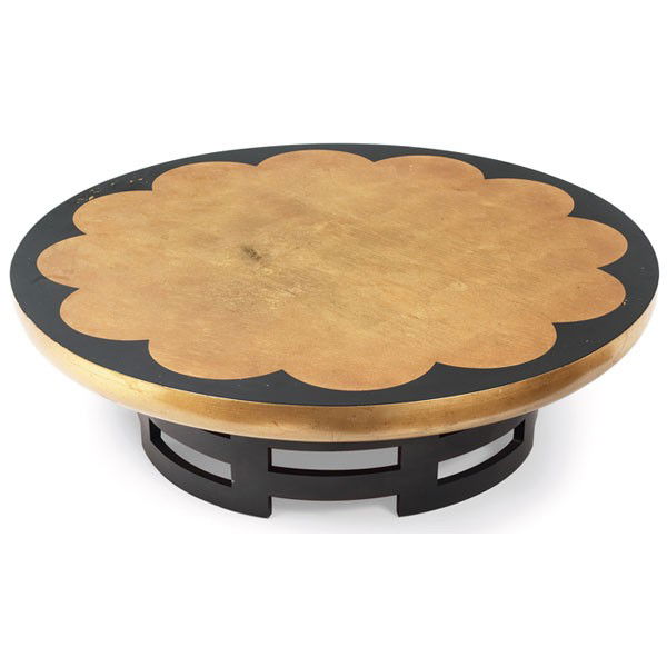 Isabel Barringer and Theodore Muller coffee table: Isabel Barringer and Theodore Muller coffee table, by Kittinger, round wood top with bullnose edge and original oil-spot finish and gold leaf decoration over an architectural dark wood base, unmarked,