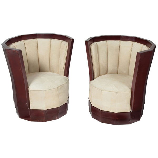 Art Deco club chairs, pair, France, faceted mahog: Art Deco club chairs, pair, France, faceted mahogany sides, leather upholstery, maker unknown, refinished, 26"w x 23"d x 28"h, good condition
